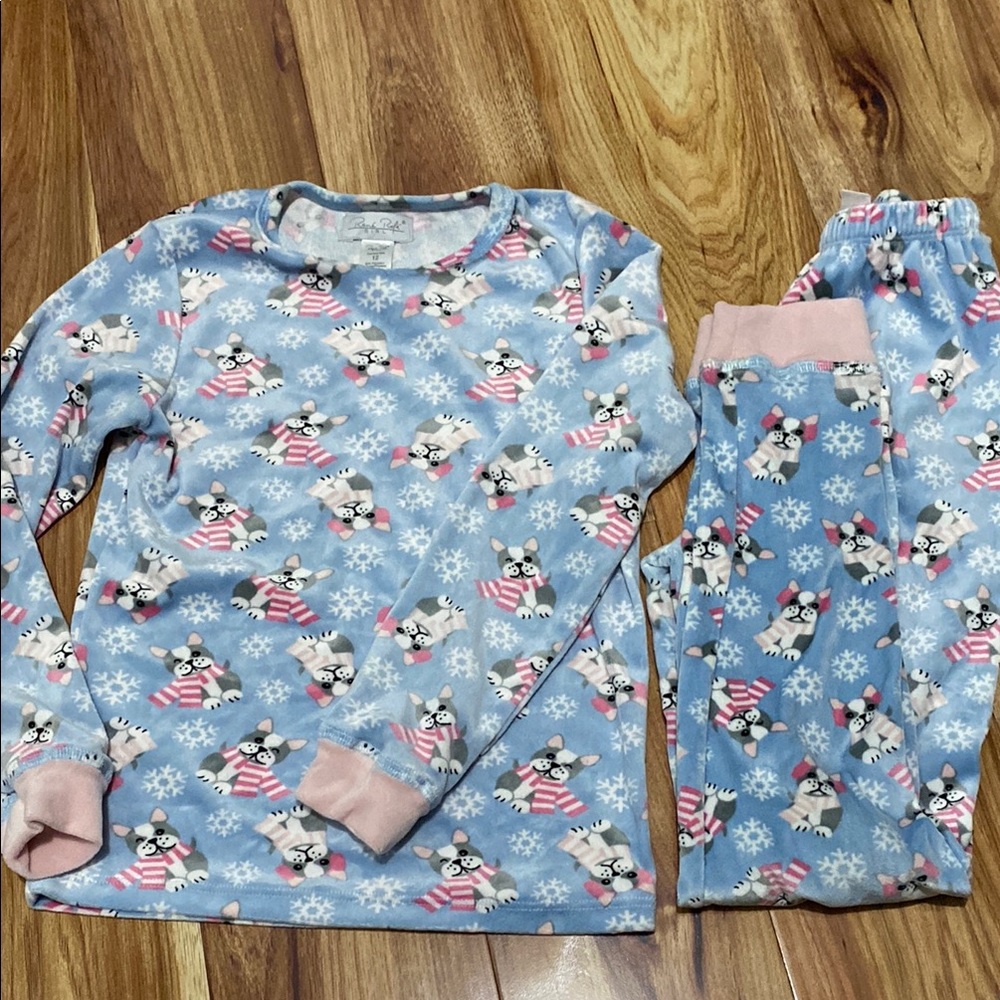 Rene Rofe Light Blue Pajama Set with Dog and Snowflake Print